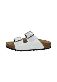 Sandalo bianco a due cinturini con fibbie argentate, piede in sughero e suola in gomma nera testurizzata. Design aperto con ritagli per la traspirazione.