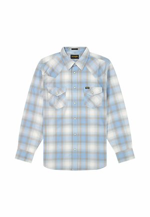 Koszula na długi rękaw z guzikiem, w niebiesko-biało-beżową kratę, z dwoma kieszeniami na piersi zapinanymi na guziki oraz kołnierzykiem.
