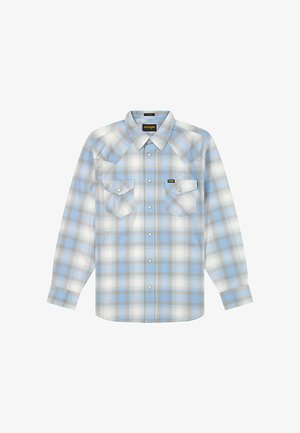 Koszula na długi rękaw z guzikiem, w niebiesko-biało-beżową kratę, z dwoma kieszeniami na piersi zapinanymi na guziki oraz kołnierzykiem.