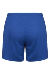 Blauwe zwembroek van lichtgewicht stof; heeft een elastische tailleband en een gladde textuur; geen zichtbare patronen of accenten.