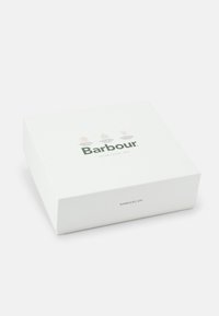Fehér karton ajándékdoboz lapos fedéllel, zöld színű "Barbour" felirattal és világos grafikai tervekkel. Sima felület, egyszerű és elegáns.