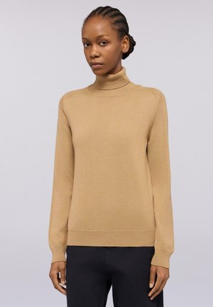 Beiger Rollkragenpullover aus weichem, feinem Strickmaterial mit langen Ärmeln und taillierter Silhouette, ausgestattet mit gerippten Bündchen und Saum.
