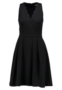 Black sleeveless dress with a scalloped neckline, fitted bodice, and flared pleated skirt. Made from smooth fabric with a matte finish.