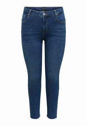Tumši zili augsta vidukļa pieguļoši džinsi ar pogu un rāvējslēdzēja aizdari, priekšējām kabatām un neapstrādātām apakšmalas detaļām.