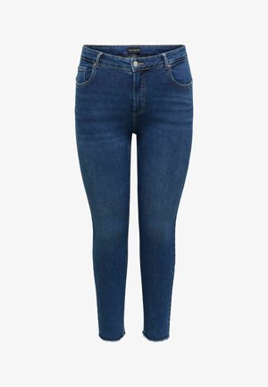 Ciemnoniebieskie jeansy skinny z wysokim stanem, zapinane na guzik i zamek, z przednimi kieszeniami oraz detalami w postaci surowych krawędzi.