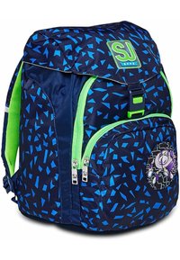 Zaino blu navy con motivi triangolari blu, cerniere e accessori verdi. Presenta una tasca frontale con un design di un personaggio.