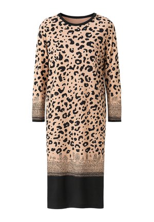 Beige jurk met lange mouwen met zwarte luipaardprint, zwarte kraag, manchetten en een effen zwarte zoom aan de onderkant.