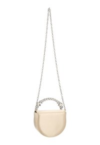 Beigefarbene Satintasche in Halbmondform mit silberner Kettenriemen und einem perlenbesetzten oberen Griff, mit glatter Textur und minimalistischem Design.