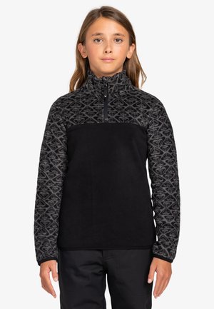 Schwarzer Fleece-Pullover mit grauem gemustertem oberen Teil, halbhohem Reißverschlusskragen und langen Ärmeln, entworfen für Wärme und Komfort.