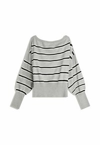 Maglione grigio a righe con ampie righe nere, scollo a spalle scoperte e polsini e orlo a coste. Texture a maglia morbida con un design cropped.