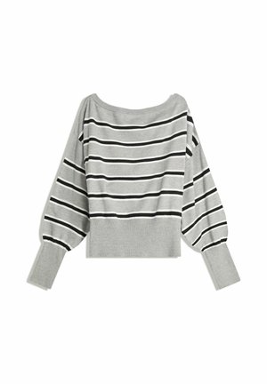 Grijze gestreepte trui met brede zwarte strepen, een off-shoulder halslijn en geribde manchetten en zoom. Zachte gebreide textuur met een cropped ontwerp.