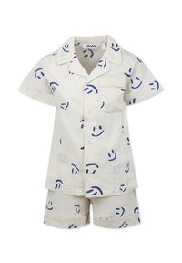 Kortärmad pyjamasuppsättning med krage i ljus gräddig tyg med blått leende ansikte-mönster, knäppning med knappar och kontrasterande kant.