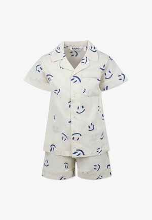 Pigiama a maniche corte con colletto in tessuto color crema chiaro, caratterizzato da una stampa di faccine sorridenti blu, chiusura con bottoni e rifiniture a contrasto.