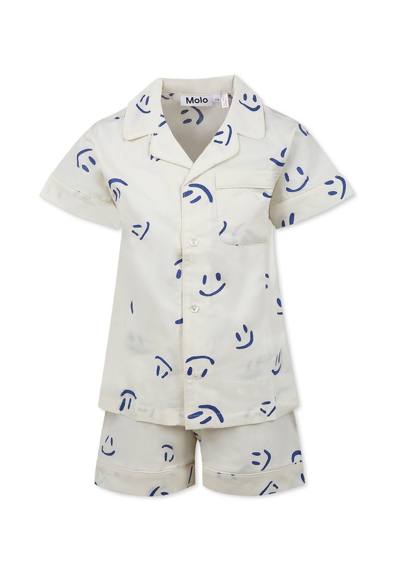 Kortärmad pyjamasuppsättning med krage i ljus gräddig tyg med blått leende ansikte-mönster, knäppning med knappar och kontrasterande kant.