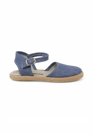 Blue canvas sandal with an ankle strap, woven jute sole, and a rounded toe. Features a buckle closure and a striped interior lining.