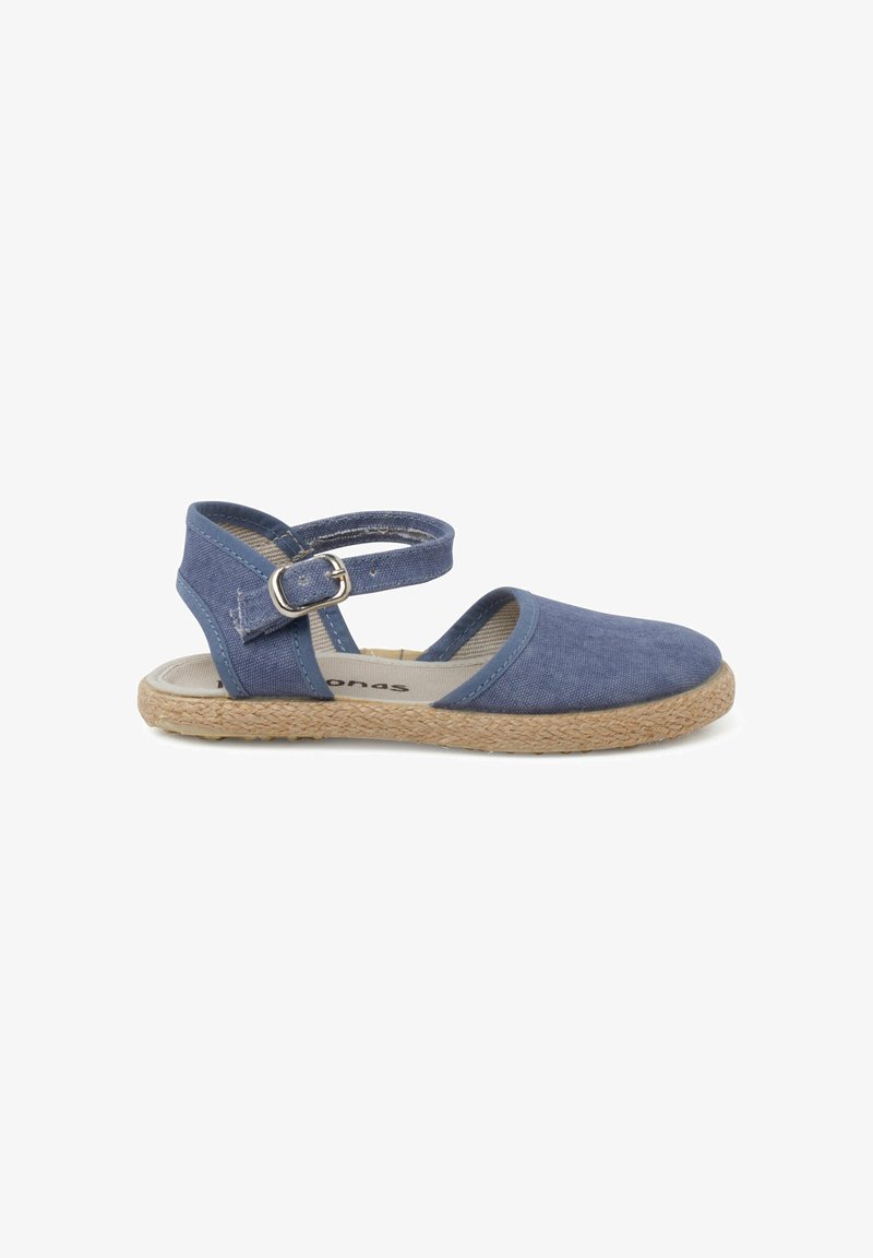 Blue canvas sandal with an ankle strap, woven jute sole, and a rounded toe. Features a buckle closure and a striped interior lining.