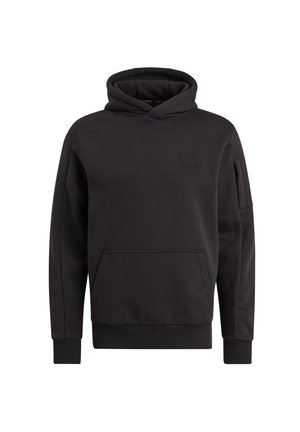 Black hoodie made of soft fabric, featuring a front pocket, ribbed cuffs, and a tonal logo patch on the chest. Smooth texture.
