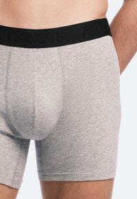 Gray cotton boxer shorts with a black elastic waistband featuring embossed "ALLSAINTS" logo. Smooth texture and fitted design.