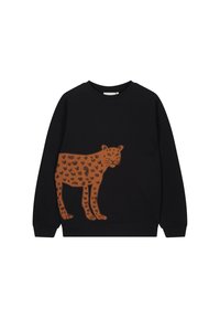 Schwarzer Langarm-Sweatshirt mit einem großen braunen Leopardenmotiv, das schwarze Flecken und Gesichtszüge auf der vorderen linken Seite zeigt.