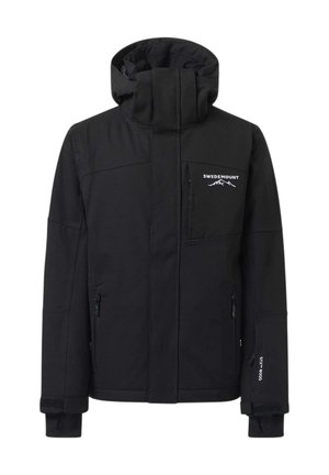Veste imperméable noire avec capuche, fermeture éclair devant, deux poches zippées, logo Swedemount sur la poitrine et texte STYX 8000 sur la manche.