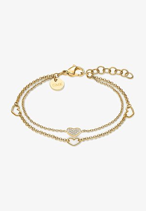 Armbanduhr aus goldfarbenem Metall mit doppelter Kette, herzförmigen Gliedern und einem zentralen Herzen mit Kristallverzierungen. Mit Karabinerverschluss und Verlängerung.