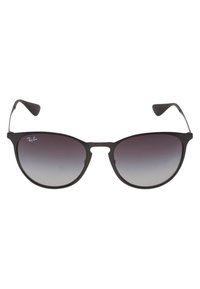 Ochelari de soare negri cu formă cat-eye, cu lentile gradient, cadru din metal și temple subțiri. Are un logo lângă lentilă. Textură netedă.