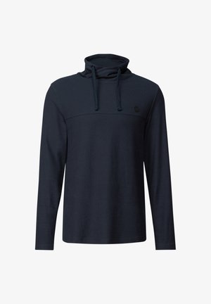 Marineblauer Langarm-Pullover mit hohem Kragen, strukturiertem Stoff, verstellbaren Kordelzügen und einem Logo-Highlight auf der Brust.