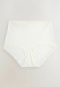 Weiße Baumwoll-Unterwäsche mit hoher Taille, die an Ober- und Beinausschnitten mit einer Spitzenkante verziert ist. Sie hat eine glatte Textur und ein nahtloses Design.