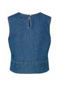 Veste sans manches en denim bleu avec fermeture à boutons au dos et petite ouverture en forme de goutte sous l'encolure.