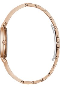 Orologio in metallo color oro con una elegante cassa circolare, bracciale a maglie e accenti bicolore. Finitura liscia con superficie lucida.