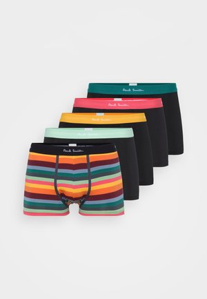 Pack de cinq boxers pour hommes : un à rayures multicolores, quatre noirs unis avec des ceintures de couleurs variées. Fabriqués en tissu doux avec des ceintures élastiques.