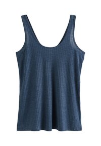 Débardeur bleu foncé en tissu doux et texturé, avec de larges bretelles et un col arrondi, à coupe décontractée.