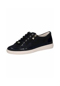 Sneaker blu navy con lacci e zip laterale. Materiale scamosciato liscio con dettagli in vernice e suola bianca. Design minimalista.