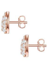 Uhani iz rožnatega zlata, ki imajo okroglo obliko, okrašeni so s prozornimi kristalnimi detajli in majhnimi sferičnimi akcenti ob robu.