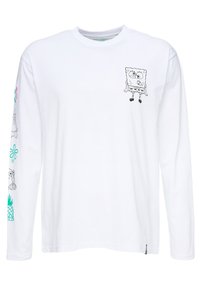 Hvid langærmet t-shirt med sort cartoon karaktertryk af SpongeBob foran og ekstra designs på ærmerne.