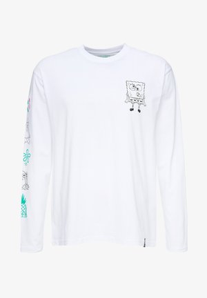 Biała, długirękawowa koszulka z nadrukiem czarnego bohatera z kreskówki SpongeBob na przodzie oraz dodatkowymi wzorami na rękawach.