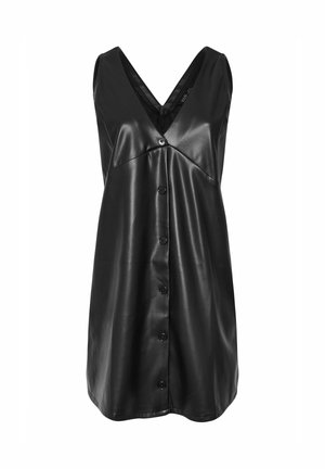 Schwarzes ärmelloses Kunstlederkleid mit V-Ausschnitt, durchgehender Knopfleiste und leicht ausgestellt geschnittenem Saum.