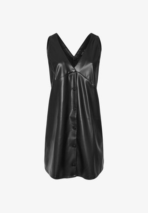 Schwarzes ärmelloses Kunstlederkleid mit V-Ausschnitt, durchgehender Knopfleiste und leicht ausgestellt geschnittenem Saum.