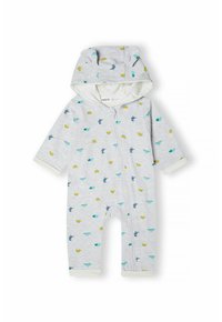 Gray infant onesie with a hood, featuring colorful dinosaur and hedgehog prints, front zipper closure, and contrast cuffs. Soft fabric.