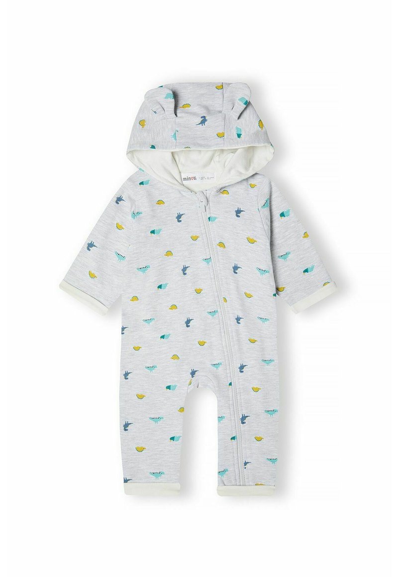 Gray infant onesie with a hood, featuring colorful dinosaur and hedgehog prints, front zipper closure, and contrast cuffs. Soft fabric.