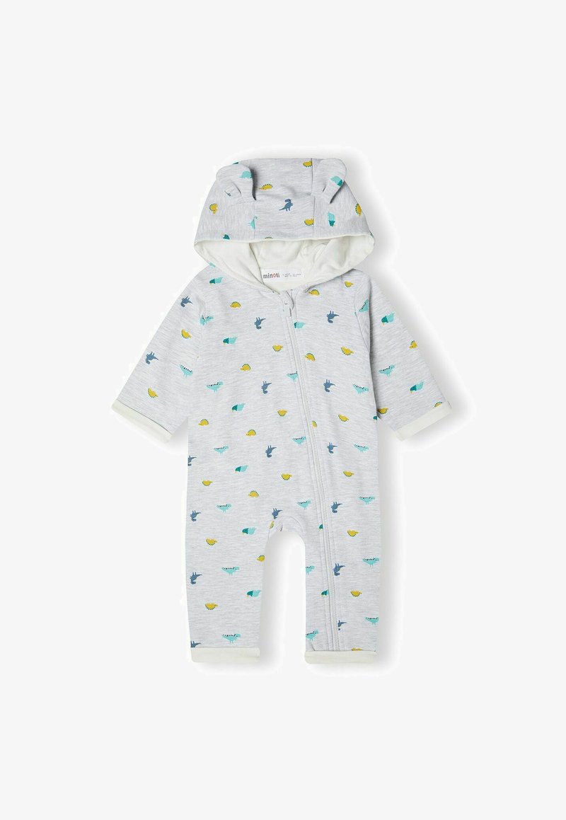 Gray infant onesie with a hood, featuring colorful dinosaur and hedgehog prints, front zipper closure, and contrast cuffs. Soft fabric.