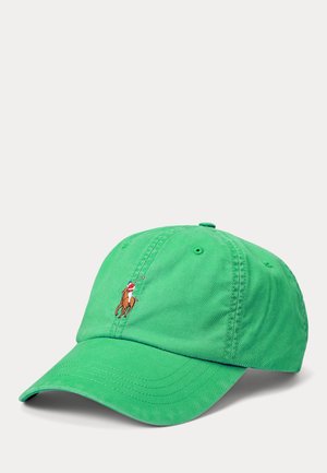 Casquette de baseball vert vif avec un logo brodé représentant un joueur de polo à cheval brandissant un maillet.