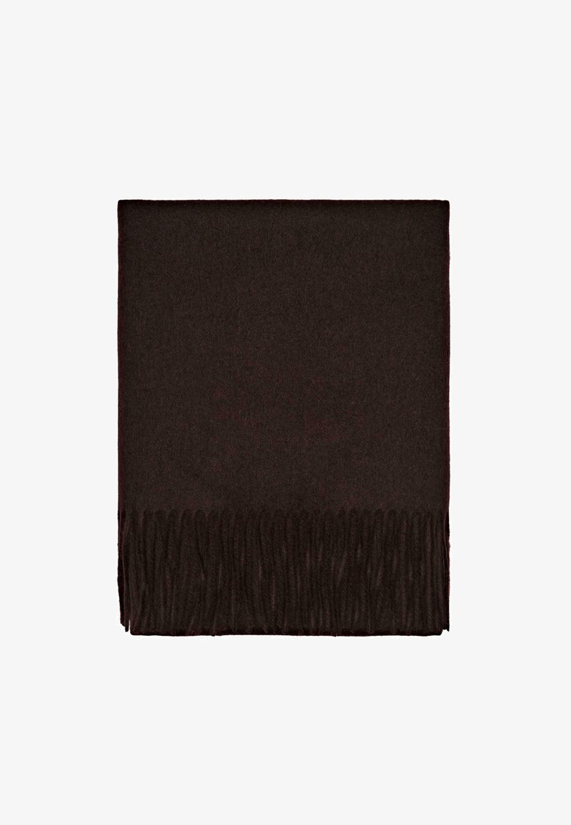 Dunkelbrauner Wollschal mit fransigen Kanten, rechteckiger Form, weicher Textur und ohne sichtbare Muster oder Hardware-Details.