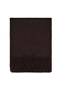 Écharpe en laine marron foncé avec des bords frangés, de forme rectangulaire, texture douce, sans motifs ni détails métalliques visibles.