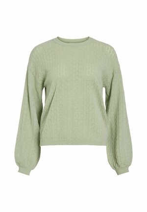 Šviesiai žalia megzta palaidinė ilgomis rankovėmis, apvalios iškirptės, tekstūruotas subtilus nėrinio raštas ir ribinėmis rankogaliais bei apačia.