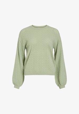 Jasnozielony, długi sweter z dzianiny o okrągłym dekolcie, delikatnym koronkowym wzorze i ściągaczami na mankietach i dole.