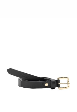 Cintura nera in pelle con una fibbia rettangolare color oro, texture liscia e una punta affusolata con dettaglio in metallo a scatto.