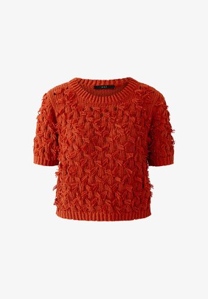Pull en maille à manches courtes couleur rouille orange avec un motif texturé en points bouclés et un col, des poignets et un ourlet côtelés.