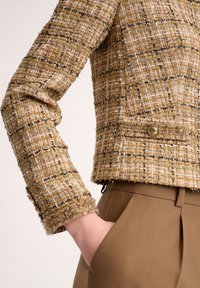 Tweedová bunda v odstínech tan a béžové s texturovaným vzorem, s přiléhavým střihem, detailním zapínáním na knoflíky a mírným třepením na rukávu.