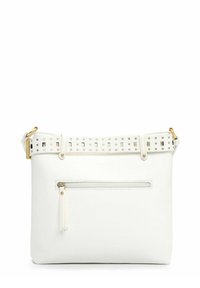 Valge nahast risti-kere kott, millel on perforatsiooniga rihm ja kuldse tooni riistvara. Varustatud lukuga tagataskuga ja sileda tekstuuriga.